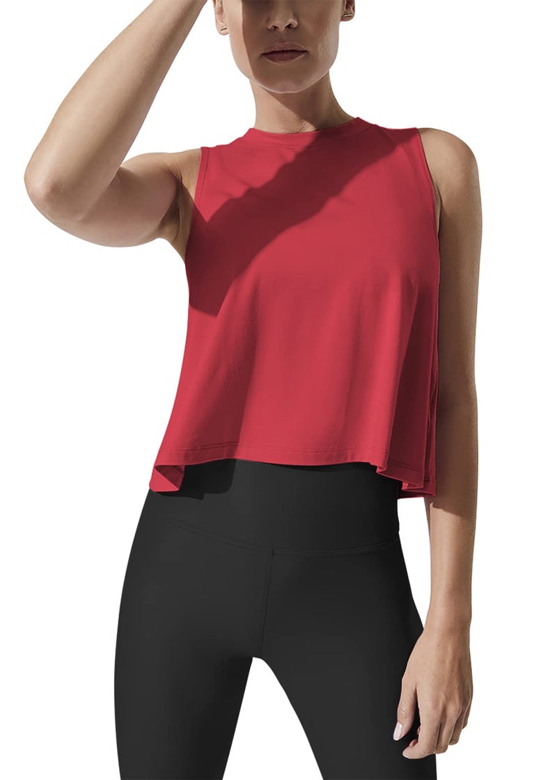 Mippo Cropped Workout Tops for Women Workout Shirts Sleeveless Tank Flowy Loose Crop High Neck Tank Tops Red M - Image 1