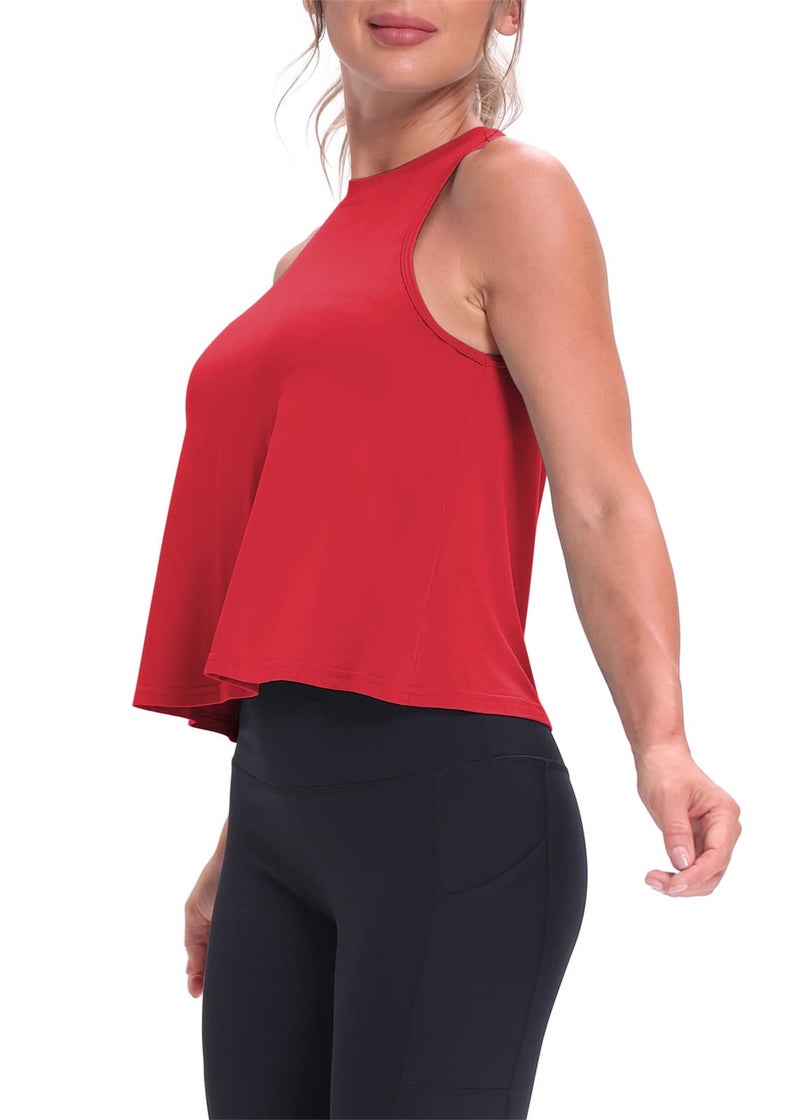 Mippo Cropped Workout Tops for Women Workout Shirts Sleeveless Tank Flowy Loose Crop High Neck Tank Tops Red M - Image 4