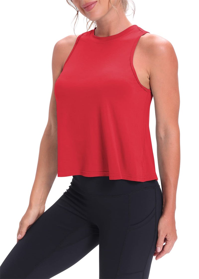 Mippo Cropped Workout Tops for Women Workout Shirts Sleeveless Tank Flowy Loose Crop High Neck Tank Tops Red M - Image 5