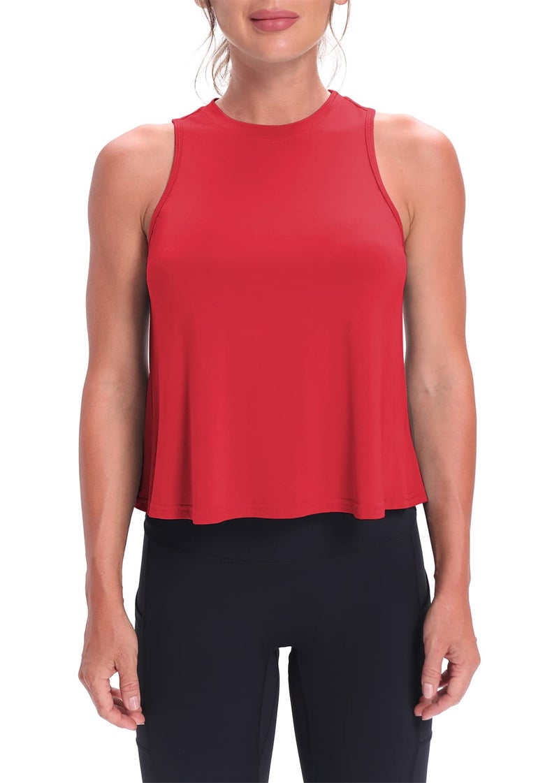 Mippo Cropped Workout Tops for Women Workout Shirts Sleeveless Tank Flowy Loose Crop High Neck Tank Tops Red M - Image 2