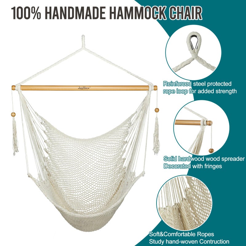 JoyView Hammock Chair with Spreader Bar Caribbean Hammock Swing Chair 300 LBS Weight Capacity XL Rope Hanging Chair for Outdoor Indoor Garden Yard - Natural White - Image 5