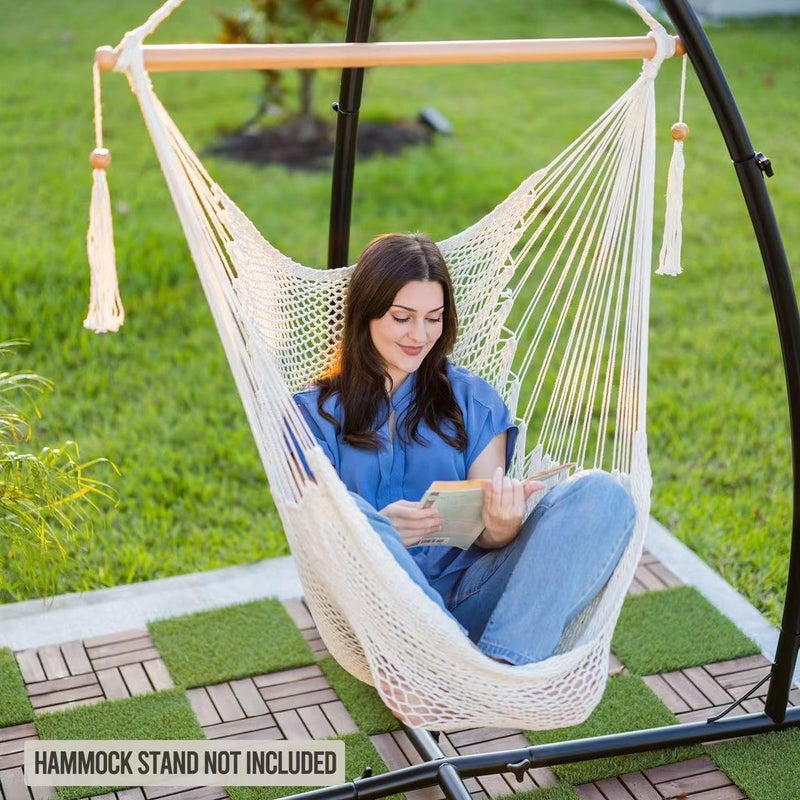 JoyView Hammock Chair with Spreader Bar Caribbean Hammock Swing Chair 300 LBS Weight Capacity XL Rope Hanging Chair for Outdoor Indoor Garden Yard - Natural White - Image 2