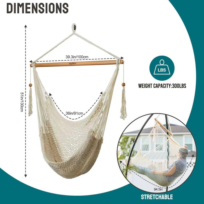 JoyView Hammock Chair with Spreader Bar Caribbean Hammock Swing Chair 300 LBS Weight Capacity XL Rope Hanging Chair for Outdoor Indoor Garden Yard - Natural White - Image 3
