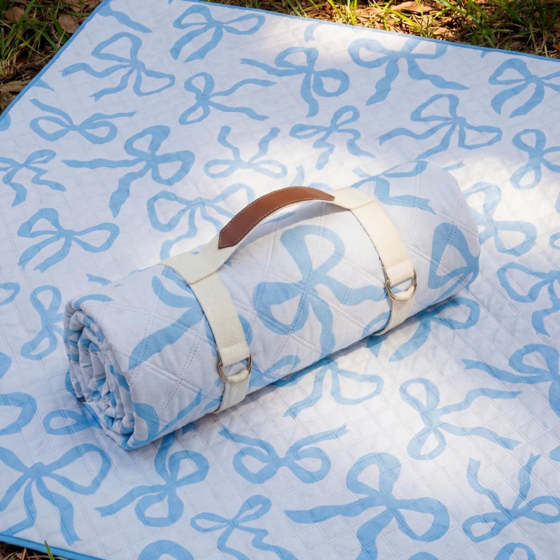 SmoothNovelty Blue Bow Picnic Blanket 80 x 80 Waterproof Extra Large Camping Blanket Coquette Picnic Mat Foldable Portable Preppy Outdoor Beach Mat with Carry Strap for Outdoor Grass Lawn Park - Image 2