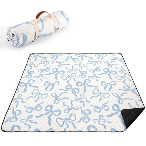 SmoothNovelty Blue Bow Picnic Blanket 80 x 80 Waterproof Extra Large Camping Blanket Coquette Picnic Mat Foldable Portable Preppy Outdoor Beach Mat with Carry Strap for Outdoor Grass Lawn Park - Image 3
