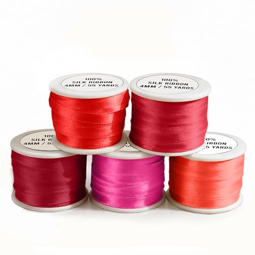 ThreadNanny New ThreadNanny 5 Spools of 100% Pure Silk Ribbons - 4mm x 10 Meters - Red Shades - Image 3