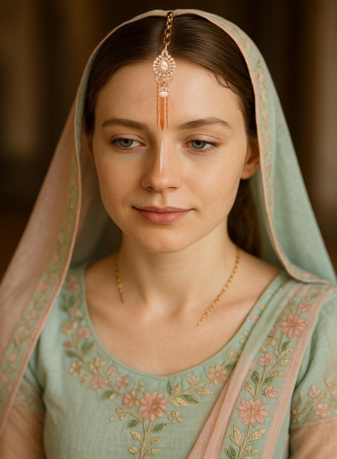 تتش ستون مجوهرات رأس هندية من Touchstone maang tikka إكسسوارات شعر للنساء وغطاء رأس ذهبي للجبهة mangtika bollywood بسيط كوندان لحفلات الزفاف وسلسلة أنيقة لحفلات الزفاف tikli borla filigree netthi chutti - Image 2