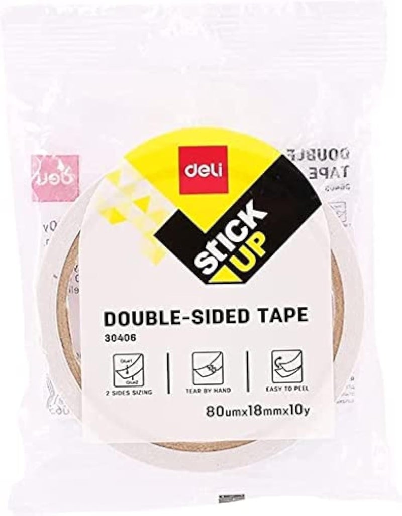 Deli E30406 Double Sided Tape, 9 Meter Length X 18 Mm Width, White - Image 1