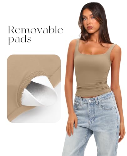 Darong Women's Double Lined Basic Tank Top Summer Sleeveless Camisole Shirts 9208 Khaki S - Image 2