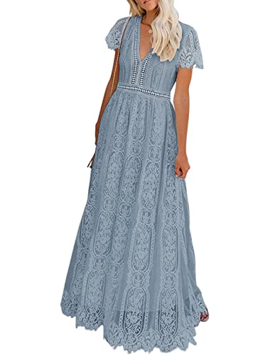 MEROKEETY Women's 2025 V Neck Short Sleeve Floral Lace Wedding Dress Bridesmaid Cocktail Party Maxi Dress, GrayBlue, Medium - Image 1