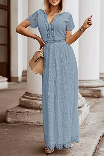 MEROKEETY Women's 2025 V Neck Short Sleeve Floral Lace Wedding Dress Bridesmaid Cocktail Party Maxi Dress, GrayBlue, Medium - Image 2