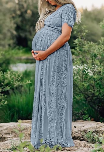 MEROKEETY Women's 2025 V Neck Short Sleeve Floral Lace Wedding Dress Bridesmaid Cocktail Party Maxi Dress, GrayBlue, Medium - Image 4
