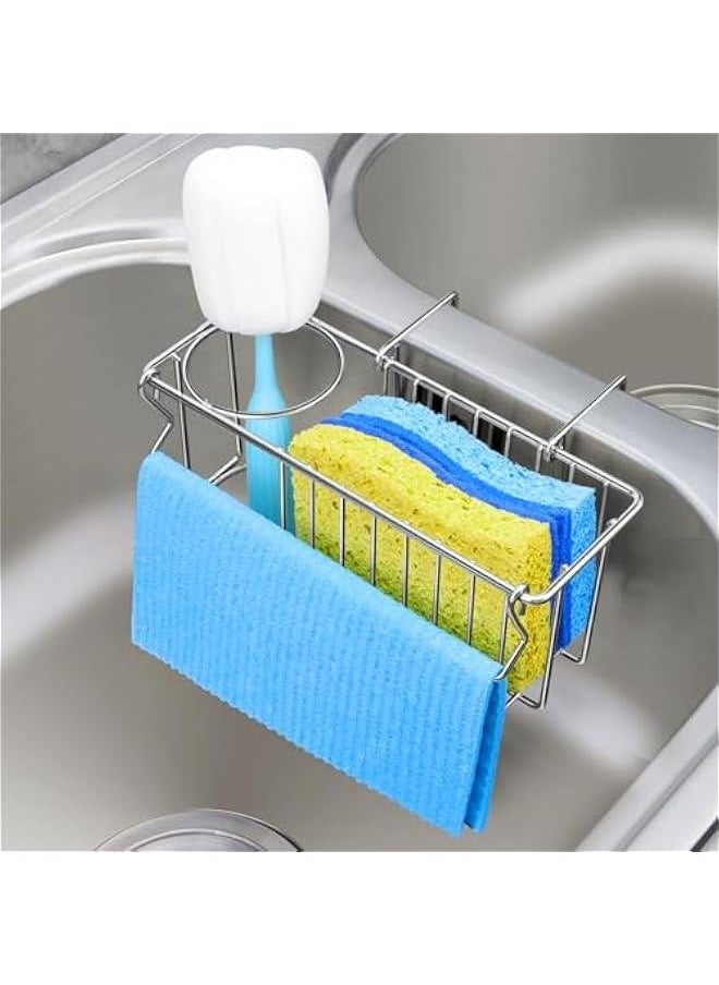 Generic Sponge Holder for Kitchen Sink - 3 In 1 Sink Caddy for Brush Holder Dish Cloth Hanger Stainless Steel Organizer Rack for Drain Stopper Scrubber Soap Tray  - Image 1