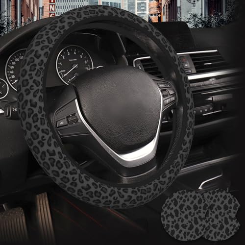 KARREAL Leopard Print Steering Wheel Cover & Coasters, Black, 14.5-15 Inch, Car, SUVs, Trucks - Image 1