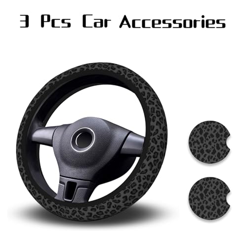 KARREAL Leopard Print Steering Wheel Cover & Coasters, Black, 14.5-15 Inch, Car, SUVs, Trucks - Image 2