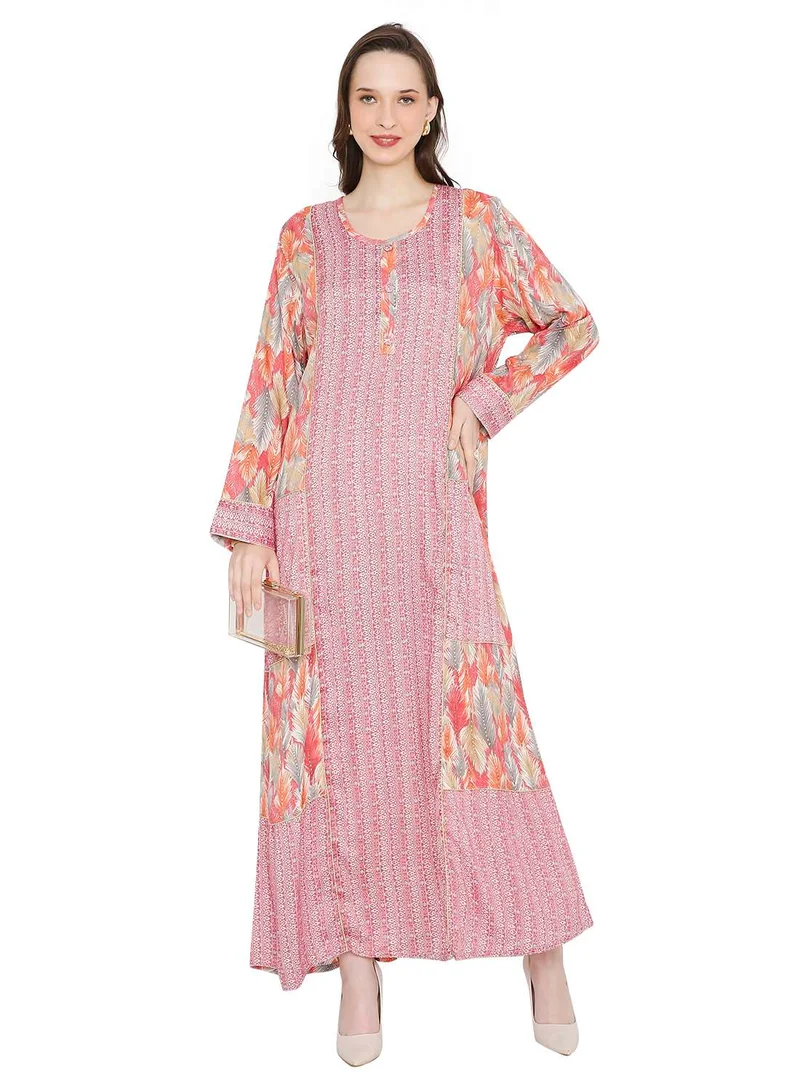 هانا آند سارا LONG VISCOSE FRONT SYLED BUTTON PRINTED ARABIC KAFTAN JALABIYA DRESS