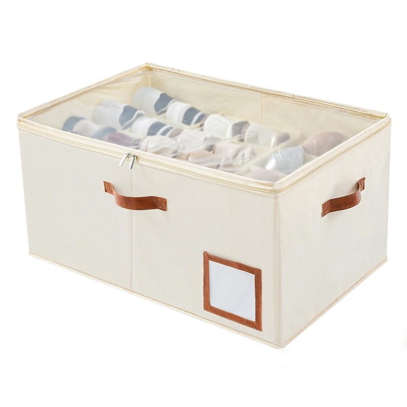 INSTY Shoe Organizer for Closet Fit 24 Pairs, Large Foldable Shoe Storage Containers Box Bin w/Adjustable Dividers and Clear Cover, Space Saving Shoe Storage Organizer Box, Beige - Image 1