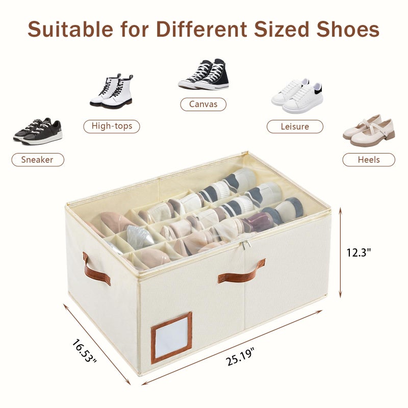 INSTY Shoe Organizer for Closet Fit 24 Pairs, Large Foldable Shoe Storage Containers Box Bin w/Adjustable Dividers and Clear Cover, Space Saving Shoe Storage Organizer Box, Beige - Image 2