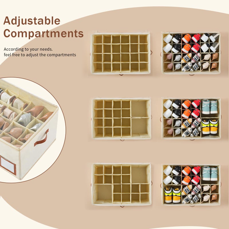 INSTY Shoe Organizer for Closet Fit 24 Pairs, Large Foldable Shoe Storage Containers Box Bin w/Adjustable Dividers and Clear Cover, Space Saving Shoe Storage Organizer Box, Beige - Image 4