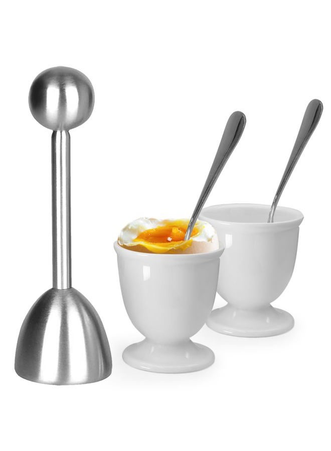vibedor Egg Cups and Egg Cracker Set for Soft Boiled Eggs, 1 Stainless Steel Egg Cutter, 2 Stainless Stain Spoons and 2 Ceramic Egg Stands in Kitchen, Parties for Breakfast, Host - Image 2