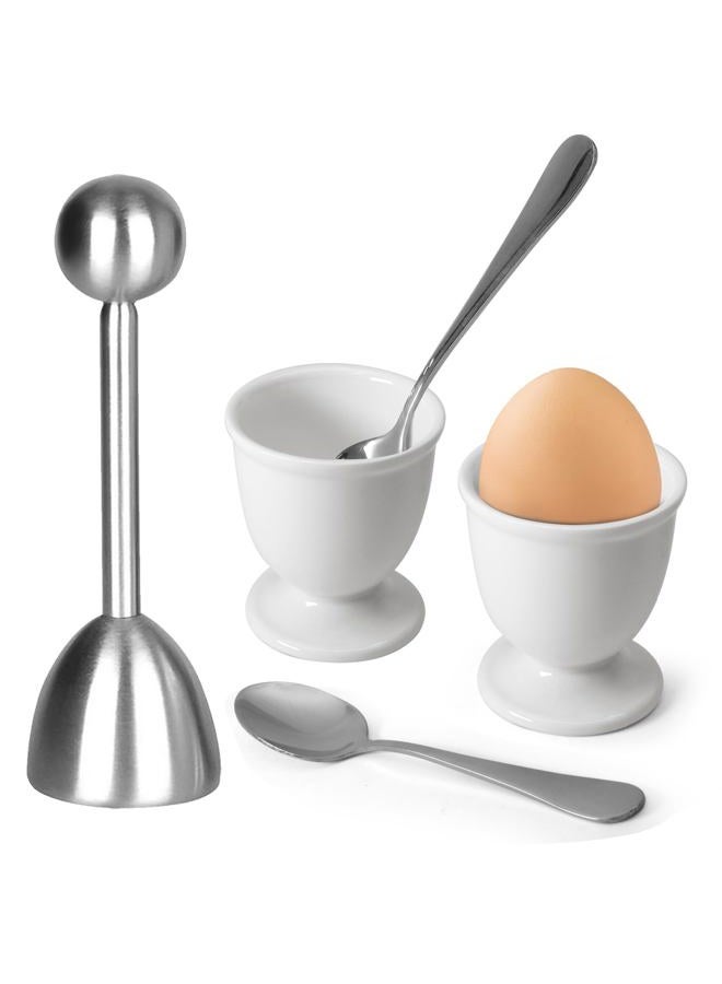 vibedor Egg Cups and Egg Cracker Set for Soft Boiled Eggs, 1 Stainless Steel Egg Cutter, 2 Stainless Stain Spoons and 2 Ceramic Egg Stands in Kitchen, Parties for Breakfast, Host - Image 1