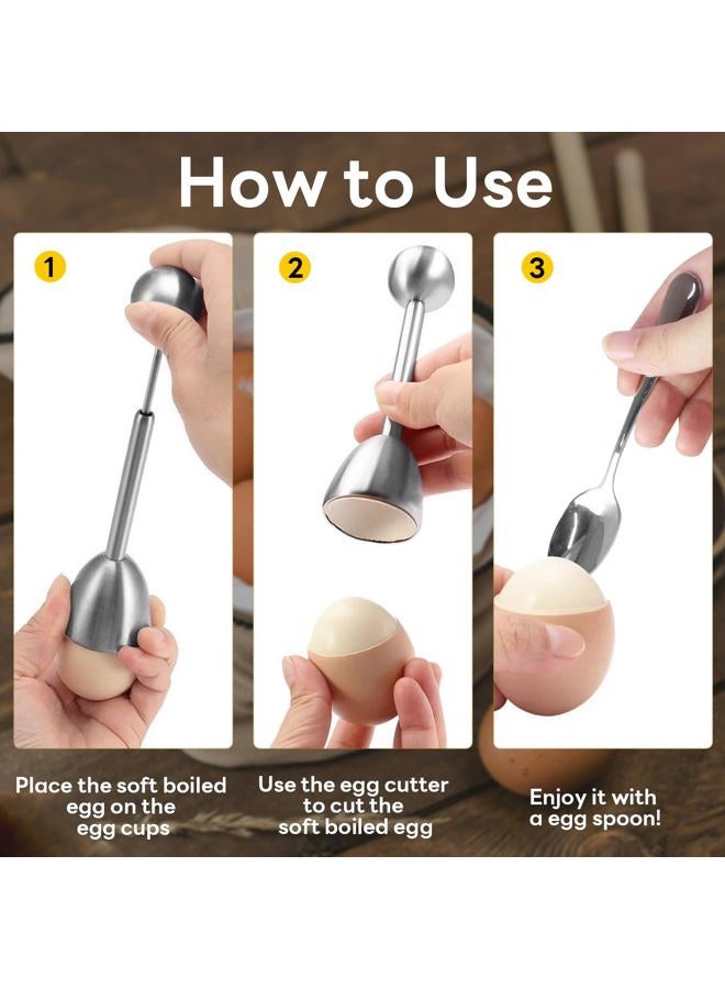 vibedor Egg Cups and Egg Cracker Set for Soft Boiled Eggs, 1 Stainless Steel Egg Cutter, 2 Stainless Stain Spoons and 2 Ceramic Egg Stands in Kitchen, Parties for Breakfast, Host - Image 5