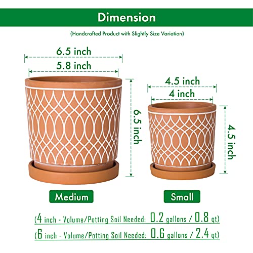 D'vine Dev Set of 2 Terracotta Pots, 4 Inch and 6 Inch, Planter Pots for Plants with Drainage Holes and Saucers, Terracotta/White, 31-958-C-1 - Image 3