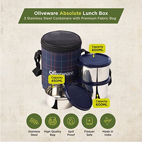 SOPL-OLIVEWARE Absolute Lunch Box, 100% Leak Proof, 3 Stainless Steel Containers with BPA Free Lids (2x600ml & 450ml), Fabric Bag (Red) - Image 2