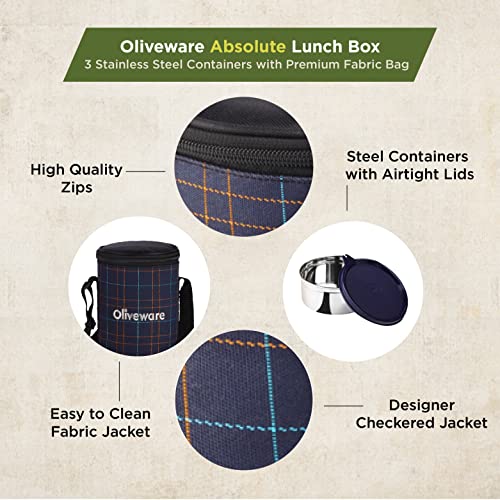 SOPL-OLIVEWARE Absolute Lunch Box, 100% Leak Proof, 3 Stainless Steel Containers with BPA Free Lids (2x600ml & 450ml), Fabric Bag (Red) - Image 3