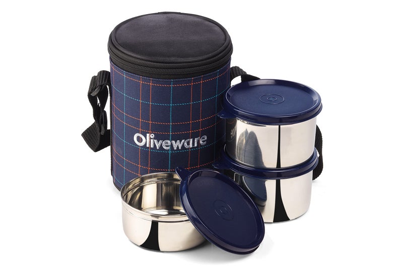 SOPL-OLIVEWARE Absolute Lunch Box, 100% Leak Proof, 3 Stainless Steel Containers with BPA Free Lids (2x600ml & 450ml), Fabric Bag (Red) - Image 1
