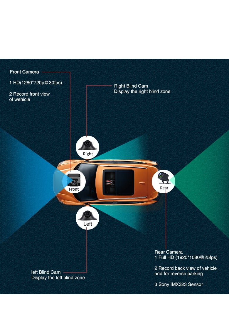 12 in IPS Display Touch Screen Tachograph , Dash Camera , All around  Camera Driving Recorder , 360°Wide Angle Support Night-Vision, Loop Recording ,Reverse monitoring , Time-mark Motion Detection etc