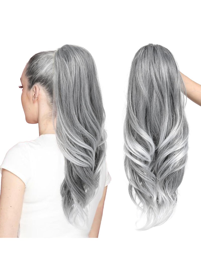 SEIKEA SEIKEA Versatile Drawstring Ponytail Extension 26 Long Wavy Multi Layered Clip in Ponytail Hair Extensions Stand Up High Fake Pony Tail Soft Natural Synthetic Hairpiece Silver Grey to White 