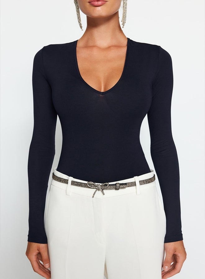 trendyol Navy Blue Deep V-Neck Snap-On Knitted Body  - Image 4