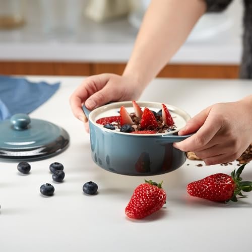 Kook طقم كوك سيراميك ميني كوكوت، أطباق كسرولة صغيرة مع أغطية ومقابض، أطباق خبز فردية، آمنة للاستخدام في الفرن والميكروويف وغسالة الصحون، من الحجر، 12 أونصة، مجموعة من 4 (تدرج الحجر) - Image 5