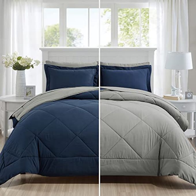 5 PIECES COMFORTER SET TWIN BED IN A BAG REVERSIBLE BED SET WITH COMFORTER FLAT SHEET FITTED SHEET PILLOWCASE SHAM NAVY BLUE AND GREY TWIN SIZE BEDDING SETS FOR BOYS GIRLS