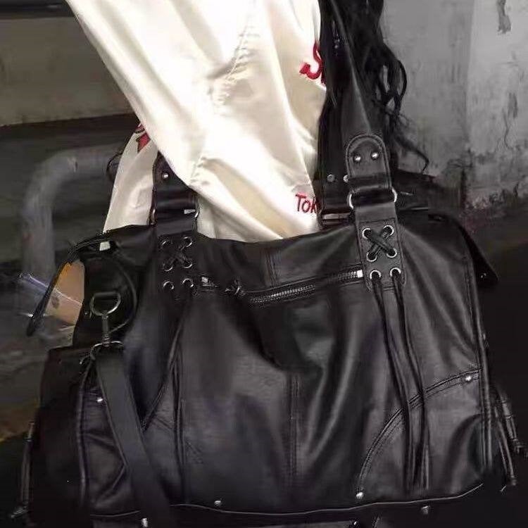 Fancyclub Korean Style Large Capacity Retro Tote Bag with Rivet Straps, Crossbody Shoulder Bag - Image 4