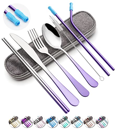 Travel Utensils Set with Case Reusable Portable Cutlery Set Stainless Steel 8pcs Including Dinner Knife Fork Spoon Chopsticks straws Gradient Purple