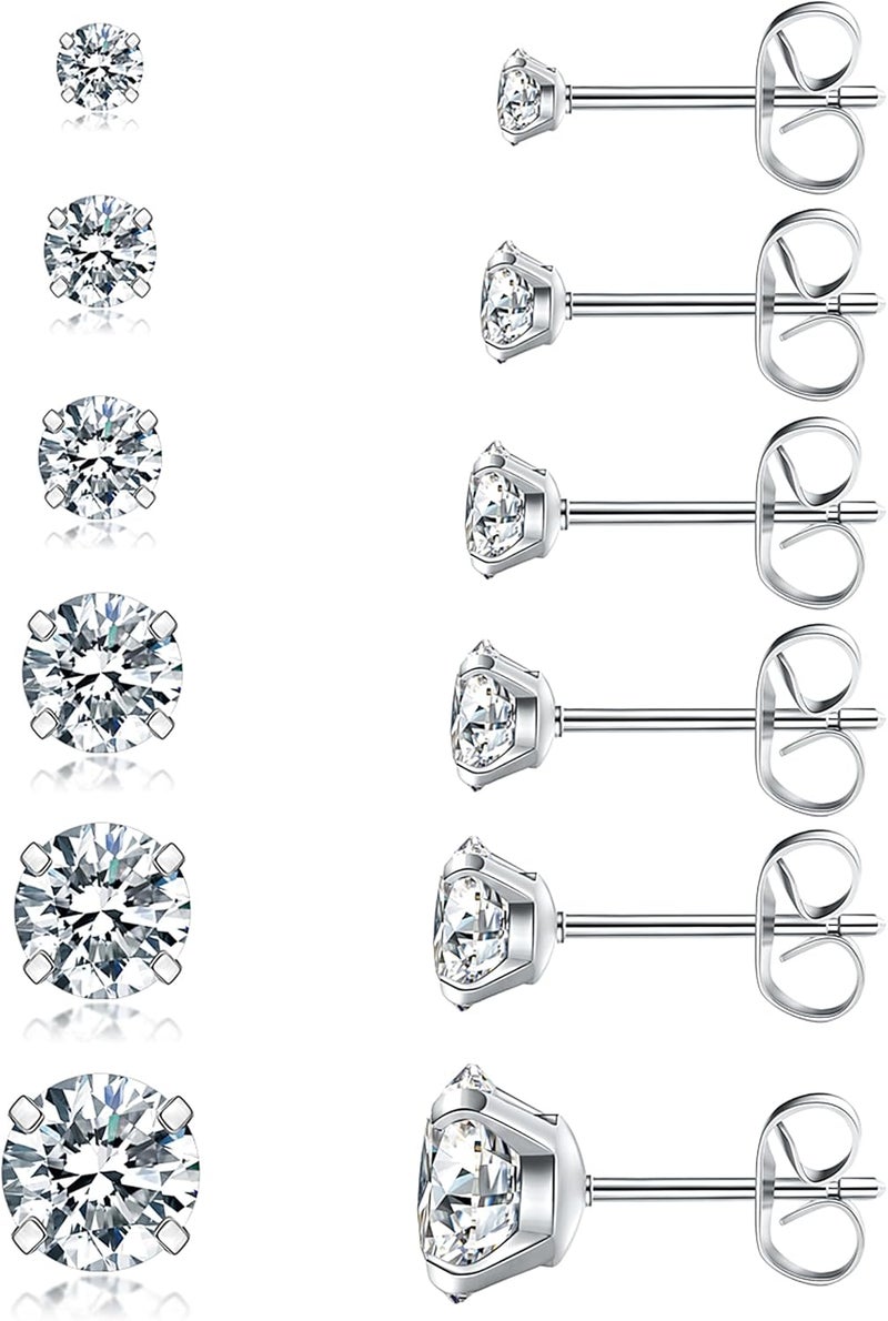 WSSXC 6 Pairs Stud Earrings Set, Hypoallergenic Cubic Zirconia 316L Earrings Stainless Steel CZ Earrings 3-8mm (Steel color) - Image 1