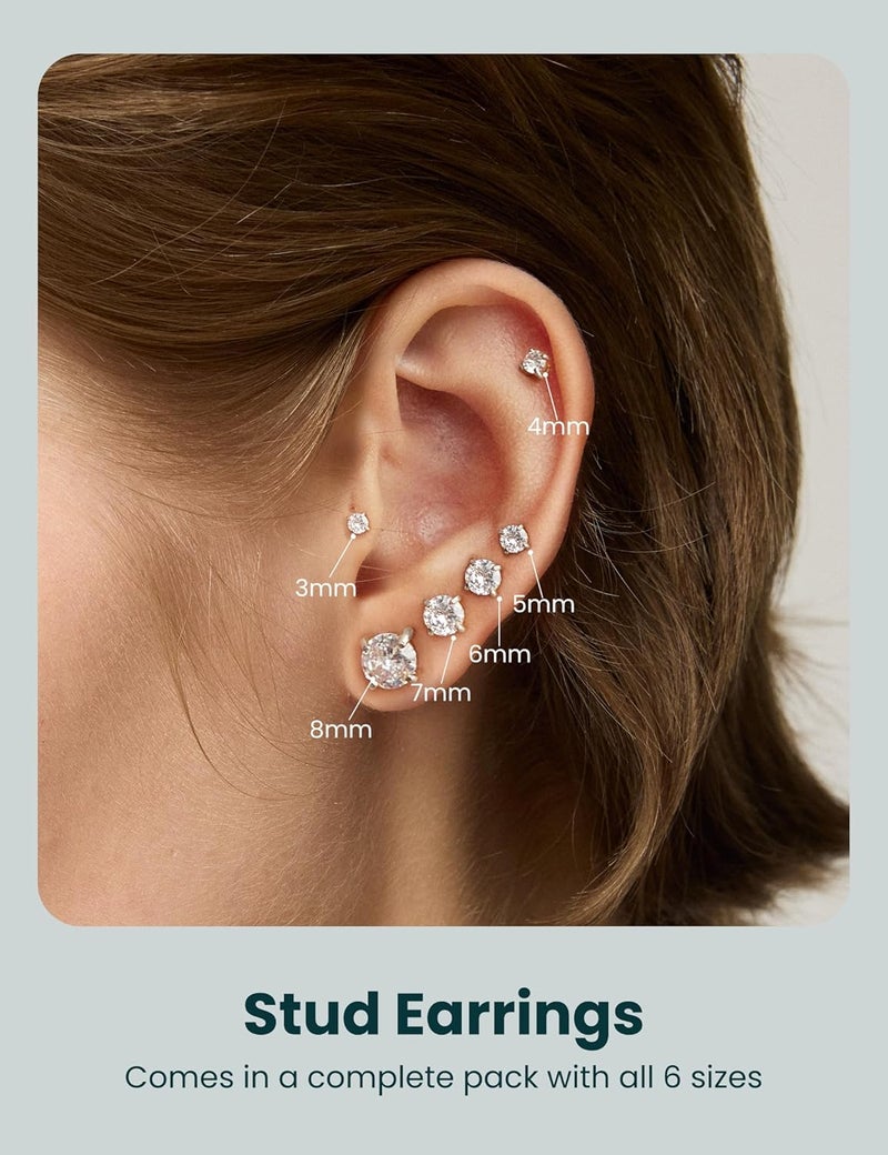 WSSXC 6 Pairs Stud Earrings Set, Hypoallergenic Cubic Zirconia 316L Earrings Stainless Steel CZ Earrings 3-8mm (Steel color) - Image 2