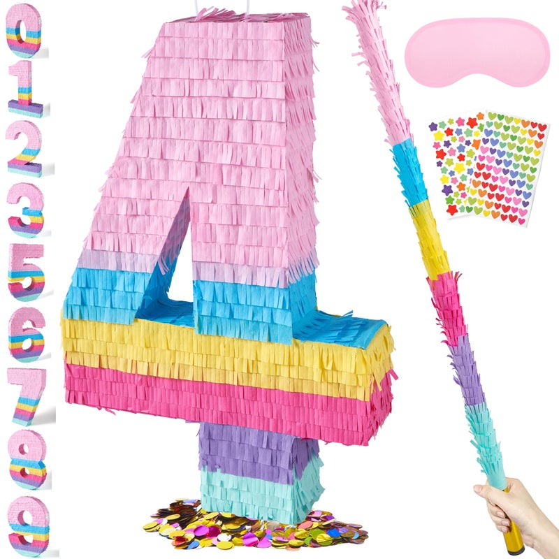 PCFING 20 Inch Number 4 Piata Candy Color with 30 Inch Piata Stick Blindfold Confetti for Boys Girls Adults Birthday Party Decorations Anniversary Celebration Fiesta - Image 3