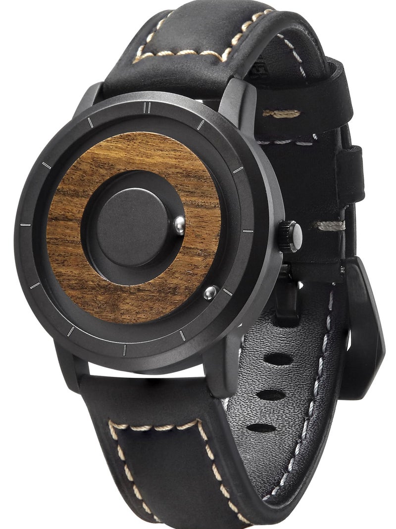 EUTOUR Mens Watches Men Wooden Watches Magnetic Watches Analogue Mens Natural Wood Case Leather Strap Black 40mm - Image 2