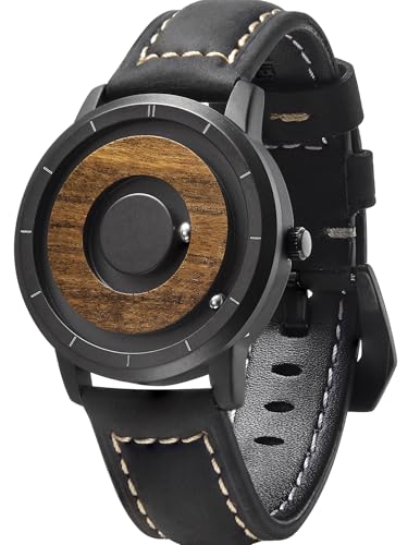 EUTOUR Mens Watches Men Wooden Watches Magnetic Watches Analogue Mens Natural Wood Case Leather Strap Black 40mm - Image 1