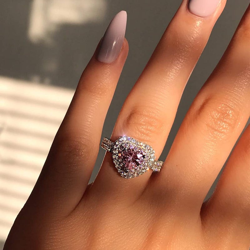 RKKOJJO 925 Sterling Silver Shiny Full Diamond Ring Cubic Zirconia Cocktail Rings CZ Diamond Ring Eternity Engagement Wedding Band Ring for Women Heart-Shaped Ring Valentine's Day Gift (US Code 10) - Image 1
