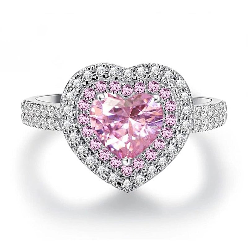 RKKOJJO 925 Sterling Silver Shiny Full Diamond Ring Cubic Zirconia Cocktail Rings CZ Diamond Ring Eternity Engagement Wedding Band Ring for Women Heart-Shaped Ring Valentine's Day Gift (US Code 10) - Image 2