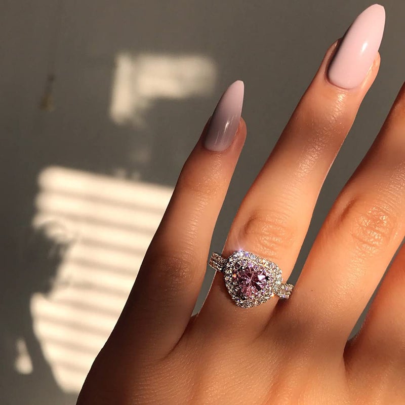 RKKOJJO 925 Sterling Silver Shiny Full Diamond Ring Cubic Zirconia Cocktail Rings CZ Diamond Ring Eternity Engagement Wedding Band Ring for Women Heart-Shaped Ring Valentine's Day Gift (US Code 10) - Image 5