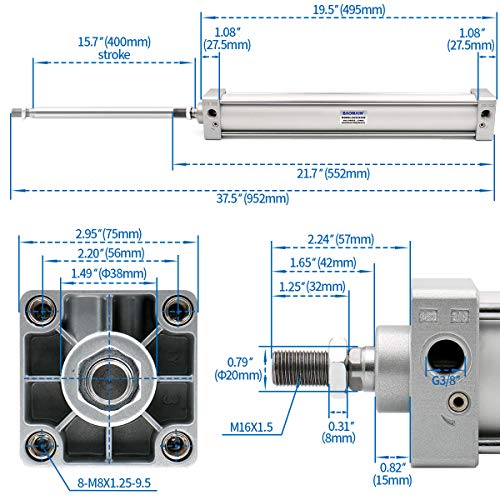 Baomain Pneumatic Air Cylinder SC 63 x 400,PT 3/8, Bore 2 1/2 inch(63mm), Stroke 16 inch(400mm),Dual Action 1 Mpa,for Industrial Machinery - Image 4