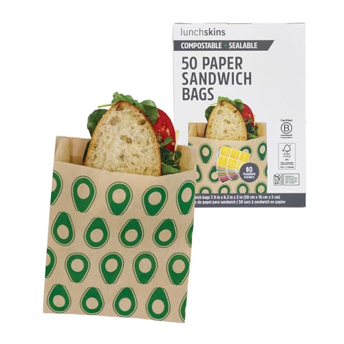 Lunchskins Compostable Sandwich Bags – 50 Count | Avocado Design | Eco-Friendly Food Storage Bags Made from Unbleached Kraft Paper with Recyclable Resealable Stickers - Image 3