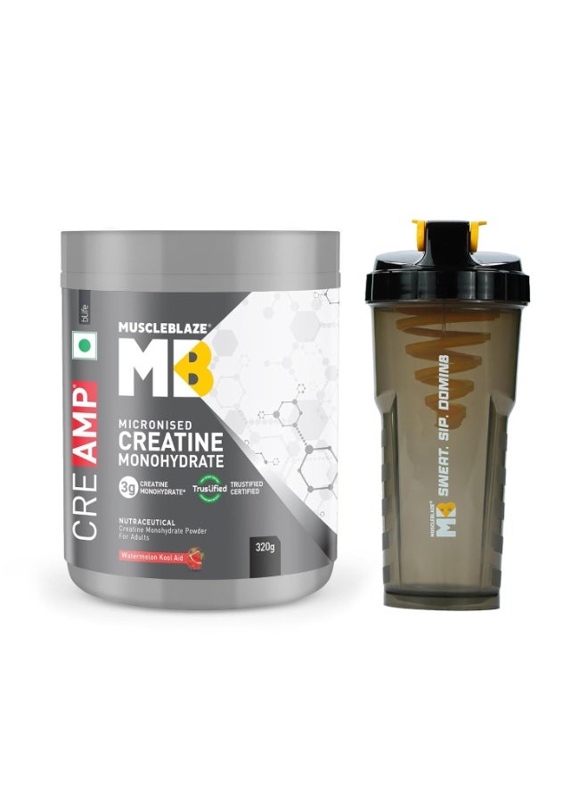 مسل بلايز مسحوق MuscleBlaze Micronised Creatine Monohydrate CreAMP، بنكهة البطيخ (320 جم) + عبوة خلط (شيكر) Cyclone سعة 700 مل - Image 1