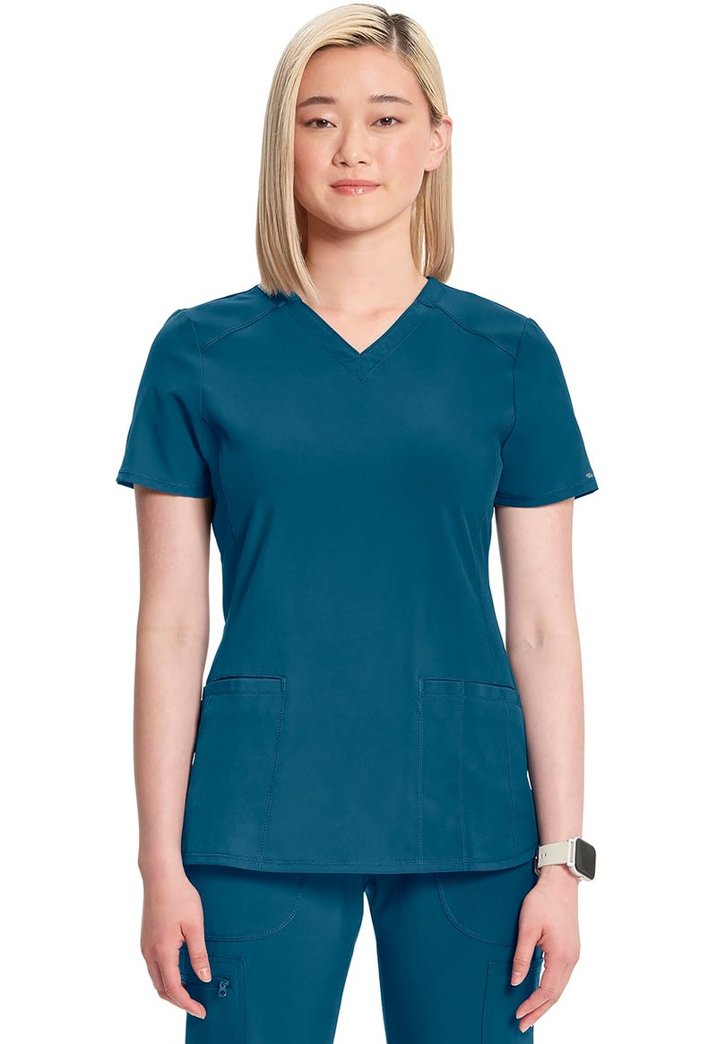 Cherokee Infinity Womens V-Neck Scrub Top Contemporary Fit, 2 Pockets, Rib-Knit Insert, Side Vents, 360Â° Stretch - CK865A, 3XL, Caribbean Blue - Image 1