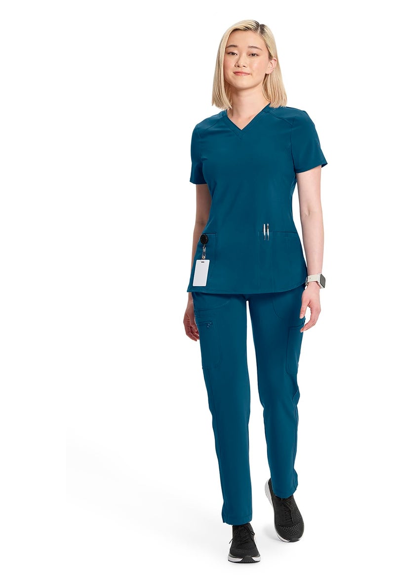 Cherokee Infinity Womens V-Neck Scrub Top Contemporary Fit, 2 Pockets, Rib-Knit Insert, Side Vents, 360Â° Stretch - CK865A, 3XL, Caribbean Blue - Image 3